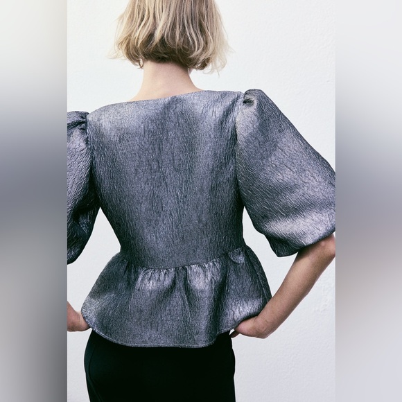 H&M silver metallic tie front top bubble sleeve blouse peplum pewter medium - Picture 4 of 17